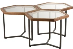 Bijzettafel hexagon glas/hout bruin