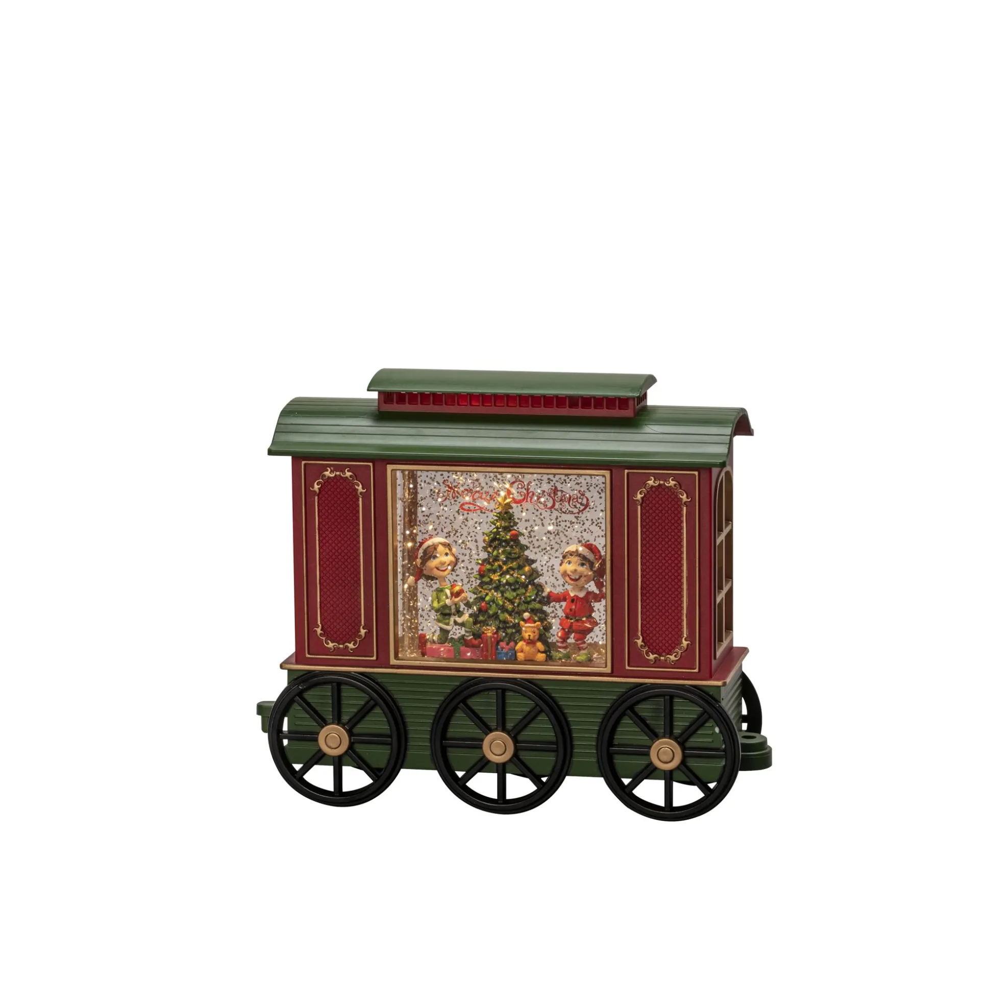 Led kerstlantaarn treinwagon met kinderen, kerstboom en kerstcadeaus