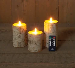 Set van 3 rustieke wax led kaarsen met bewegende vlam berk wit